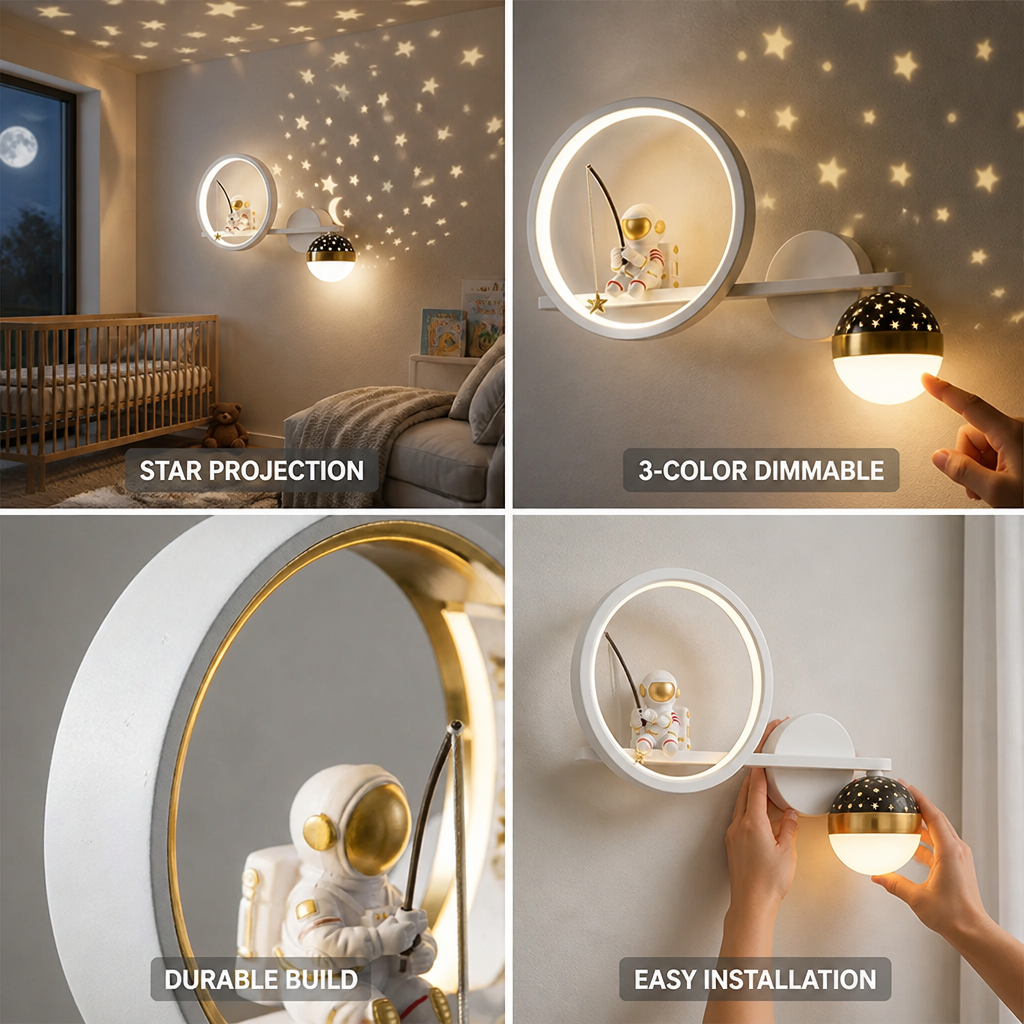 Kids Wall Night Light Astronaut Star Projector 3-Color Dimmable