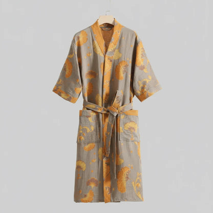Kimono Bathrobe Organic Cotton Gauze Lightweight Breathable Ginkgo Leaf Design