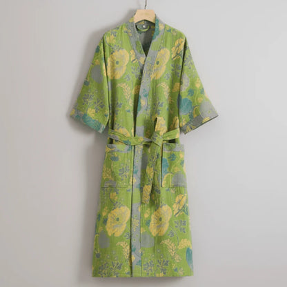 Kimono Bathrobe Organic Cotton Gauze Lightweight Breathable Ginkgo Leaf Design