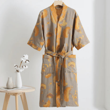 Kimono Bathrobe Organic Cotton Gauze Lightweight Breathable Ginkgo Leaf Design