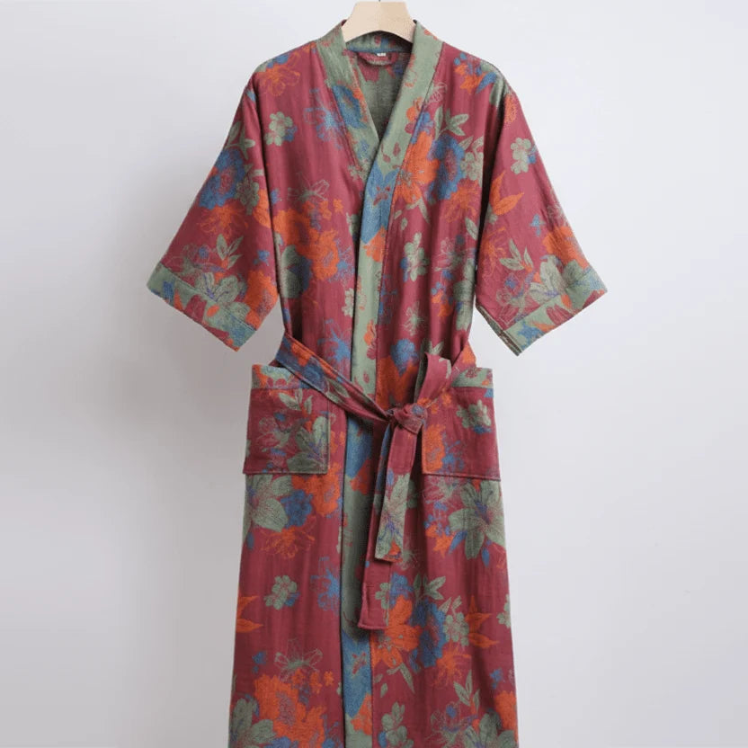 Kimono Bathrobe Organic Cotton Gauze Lightweight Breathable Ginkgo Leaf Design