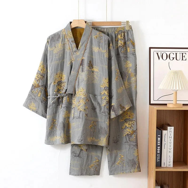 Kimono Pajama Set Pure Cotton Watercolor Print Lightweight