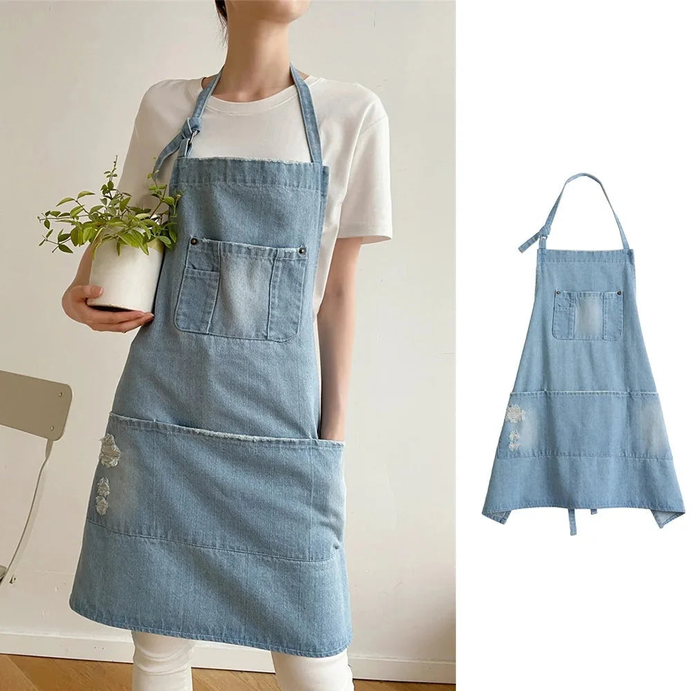 Kitchen Apron Cotton Denim Front Pocket Machine Washable
