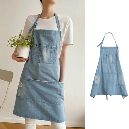 Kitchen Apron Cotton Denim Front Pocket Machine Washable