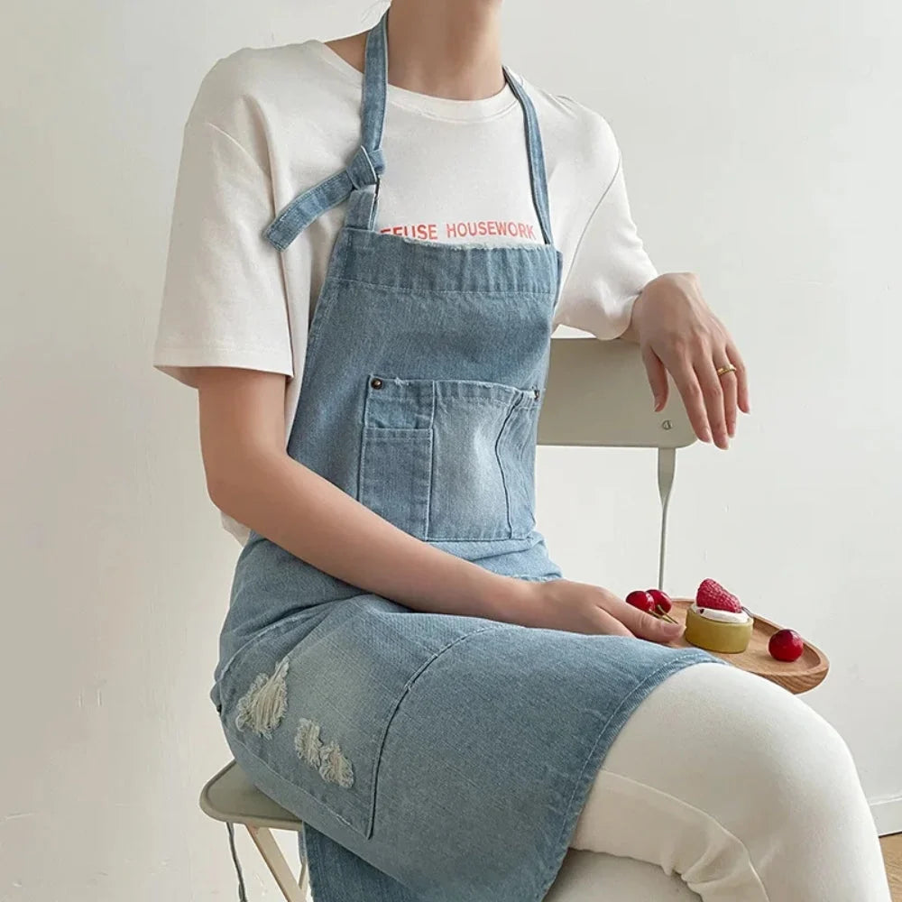 Kitchen Apron Cotton Denim Front Pocket Machine Washable