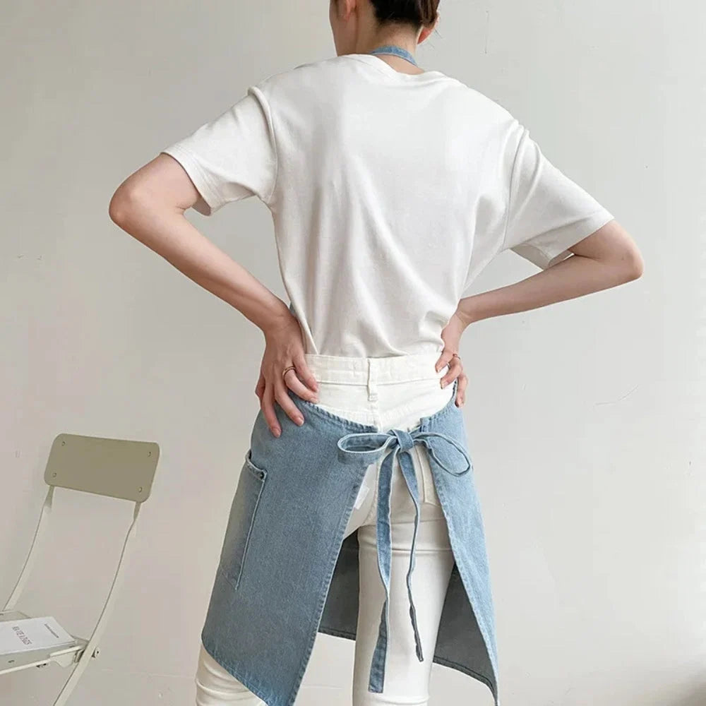 Kitchen Apron Cotton Denim Front Pocket Machine Washable