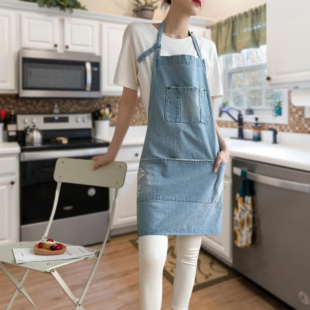 Kitchen Apron Cotton Denim Front Pocket Machine Washable