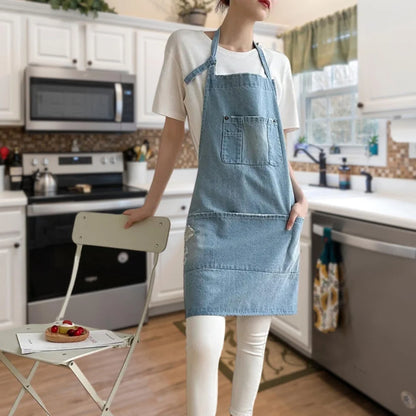 Kitchen Apron Cotton Denim Front Pocket Machine Washable