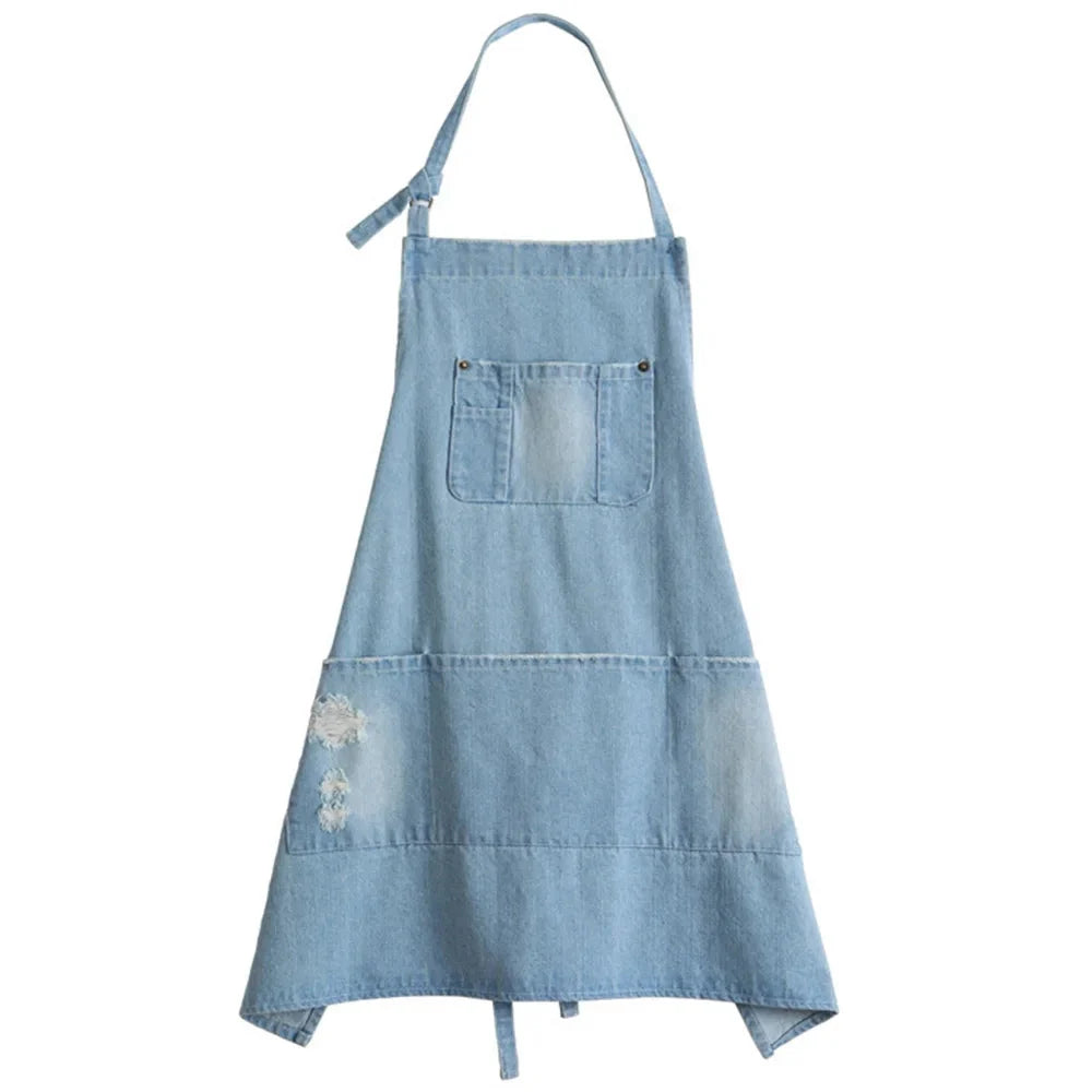 Kitchen Apron Cotton Denim Front Pocket Machine Washable