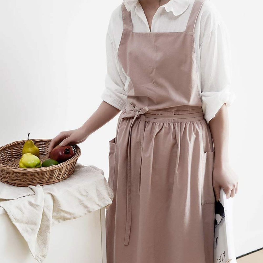 Kitchen Apron Cross-Back Breathable Cotton With Pockets