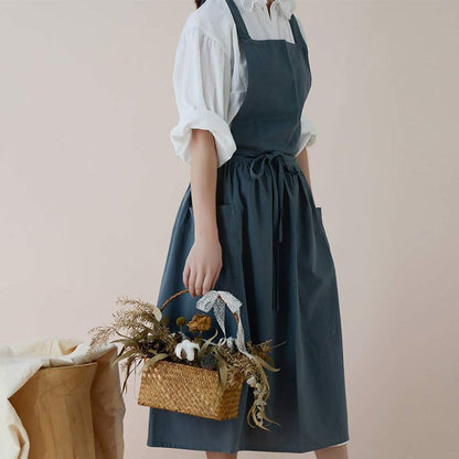 Kitchen Apron Cross-Back Breathable Cotton With Pockets