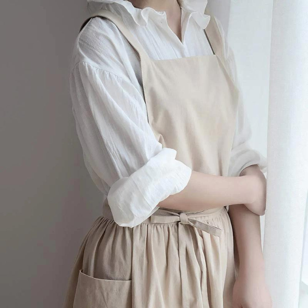Kitchen Apron Cross-Back Breathable Cotton With Pockets