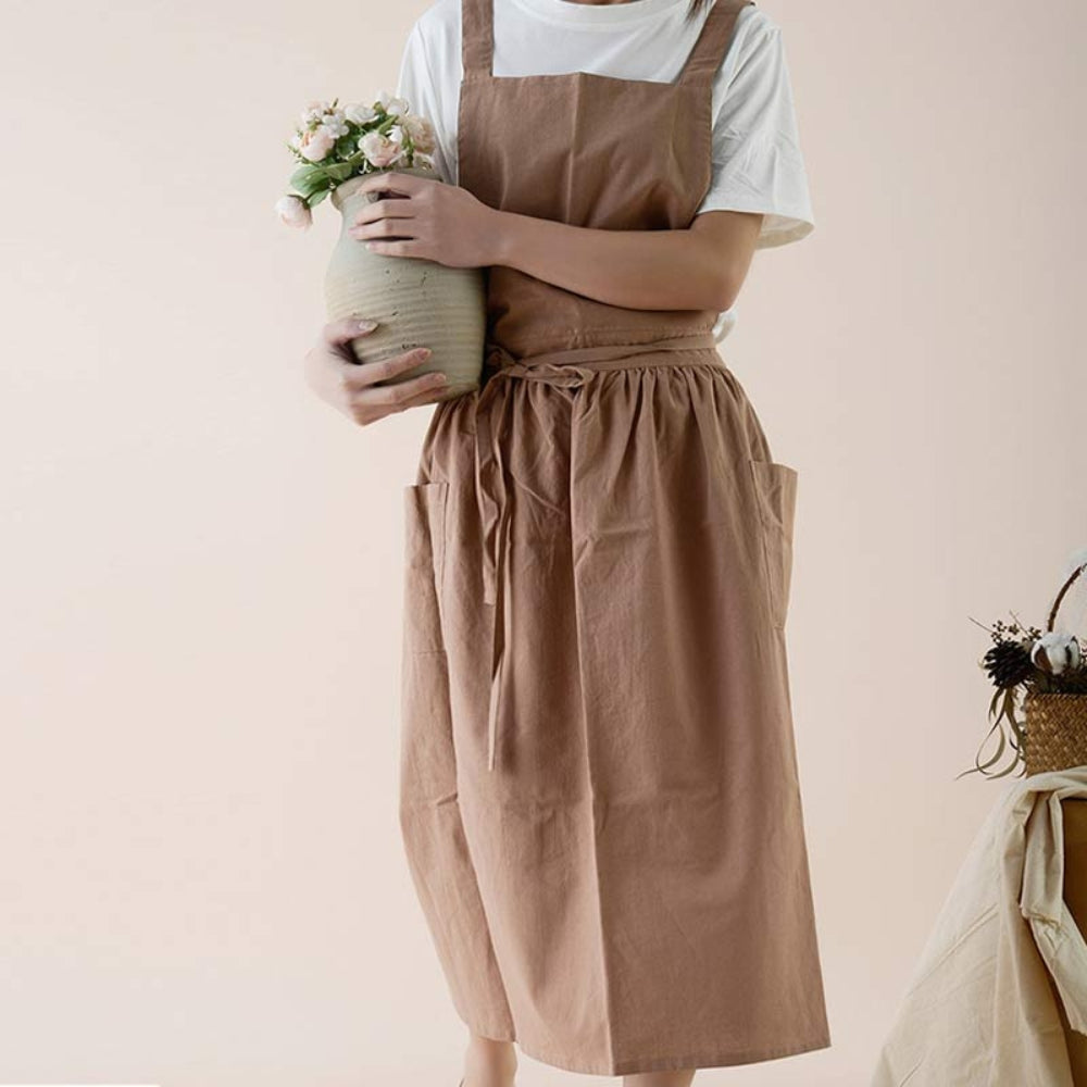 Kitchen Apron Cross-Back Breathable Cotton With Pockets