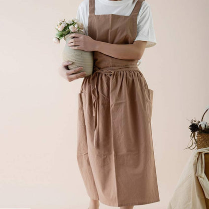 Kitchen Apron Cross-Back Breathable Cotton With Pockets