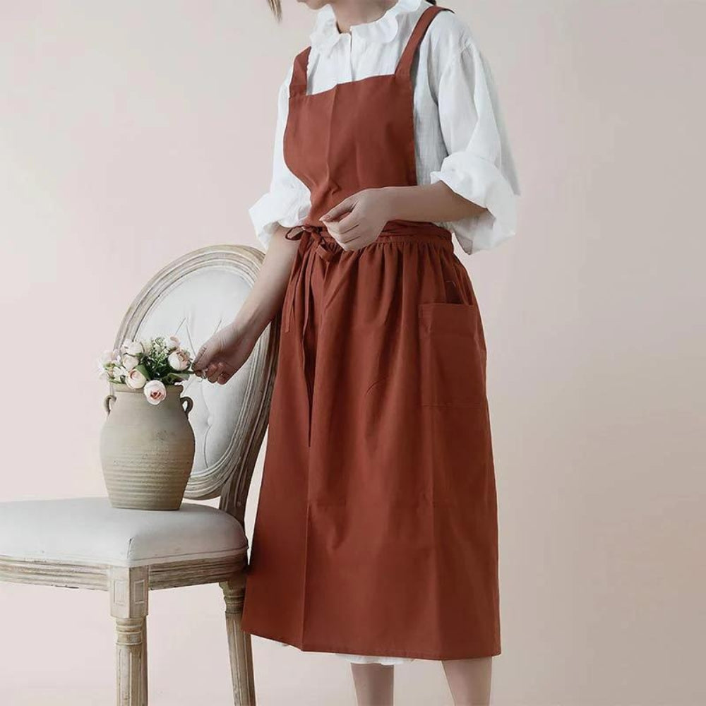 Kitchen Apron Cross-Back Breathable Cotton With Pockets