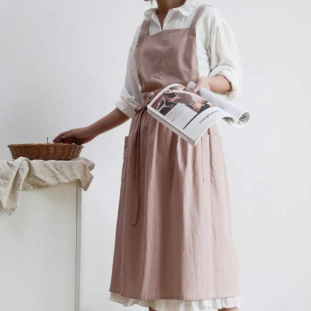 Kitchen Apron Cross-Back Breathable Cotton With Pockets