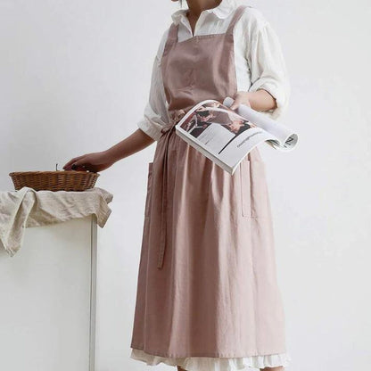 Kitchen Apron Cross-Back Breathable Cotton With Pockets