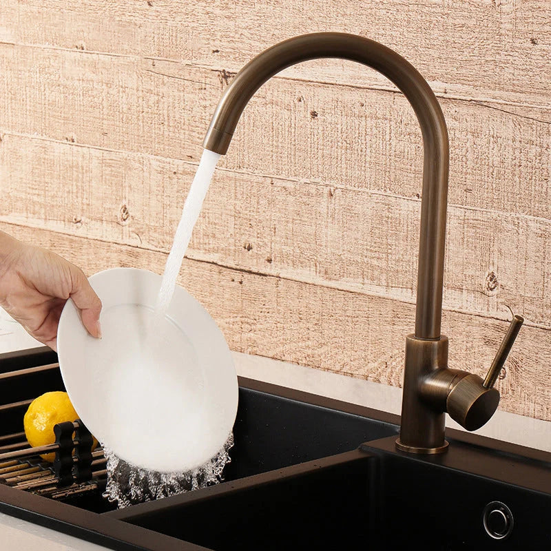 Kitchen Faucet Antique Brass 360° Swivel Spout Stainless Steel Body