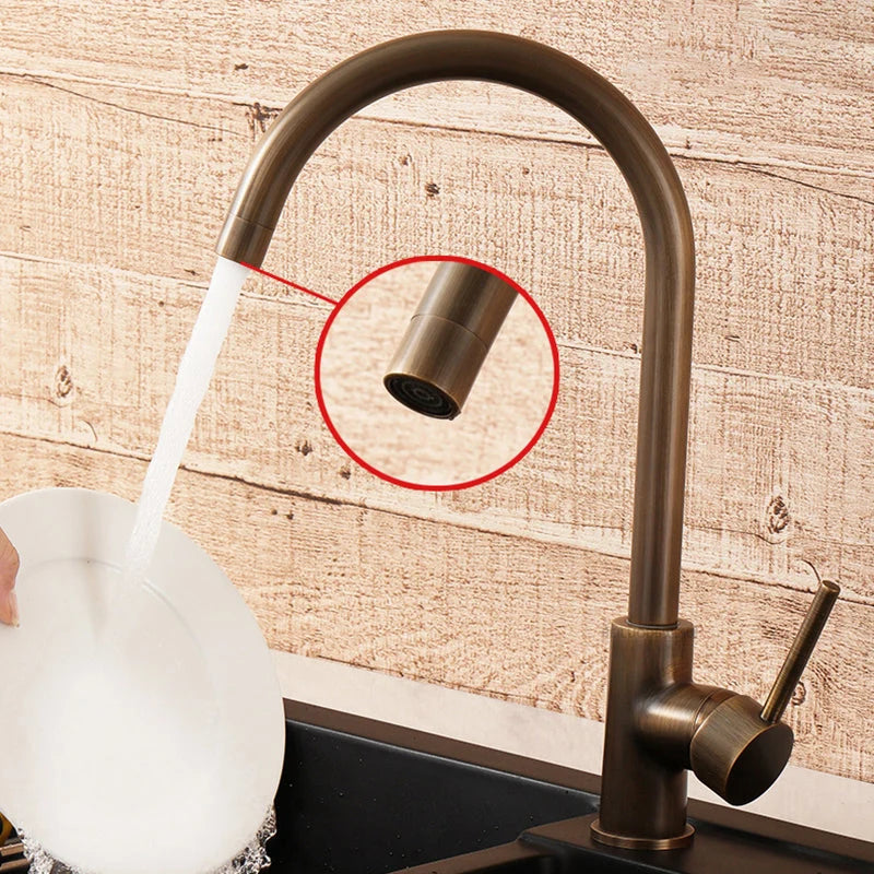 Kitchen Faucet Antique Brass 360° Swivel Spout Stainless Steel Body