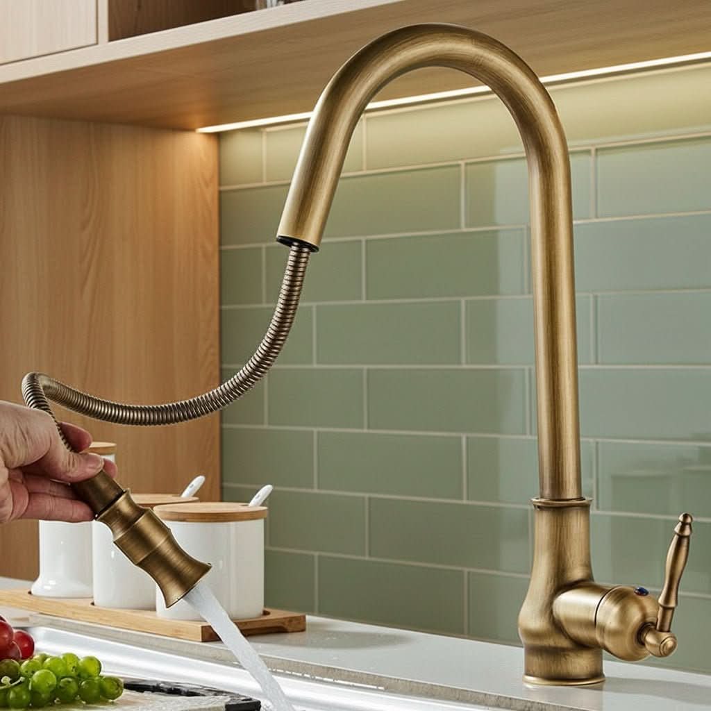 Kitchen Faucet Retractable Spray Head High-Arc Antique Brass