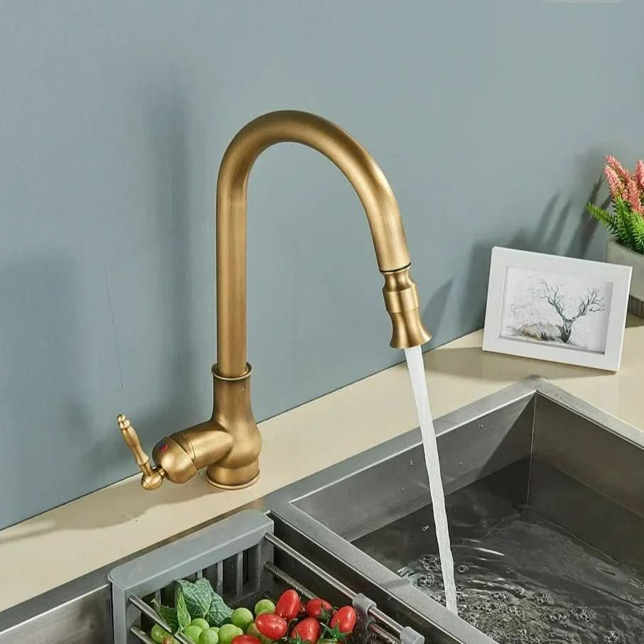 Kitchen Faucet Retractable Spray Head High-Arc Antique Brass
