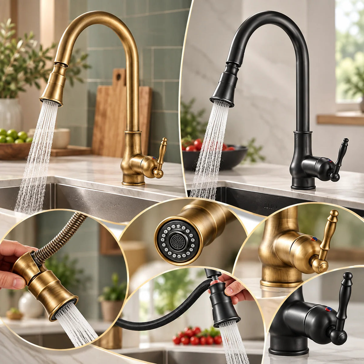 Kitchen Faucet Solid Brass Pull-Down Flexible Spray Head