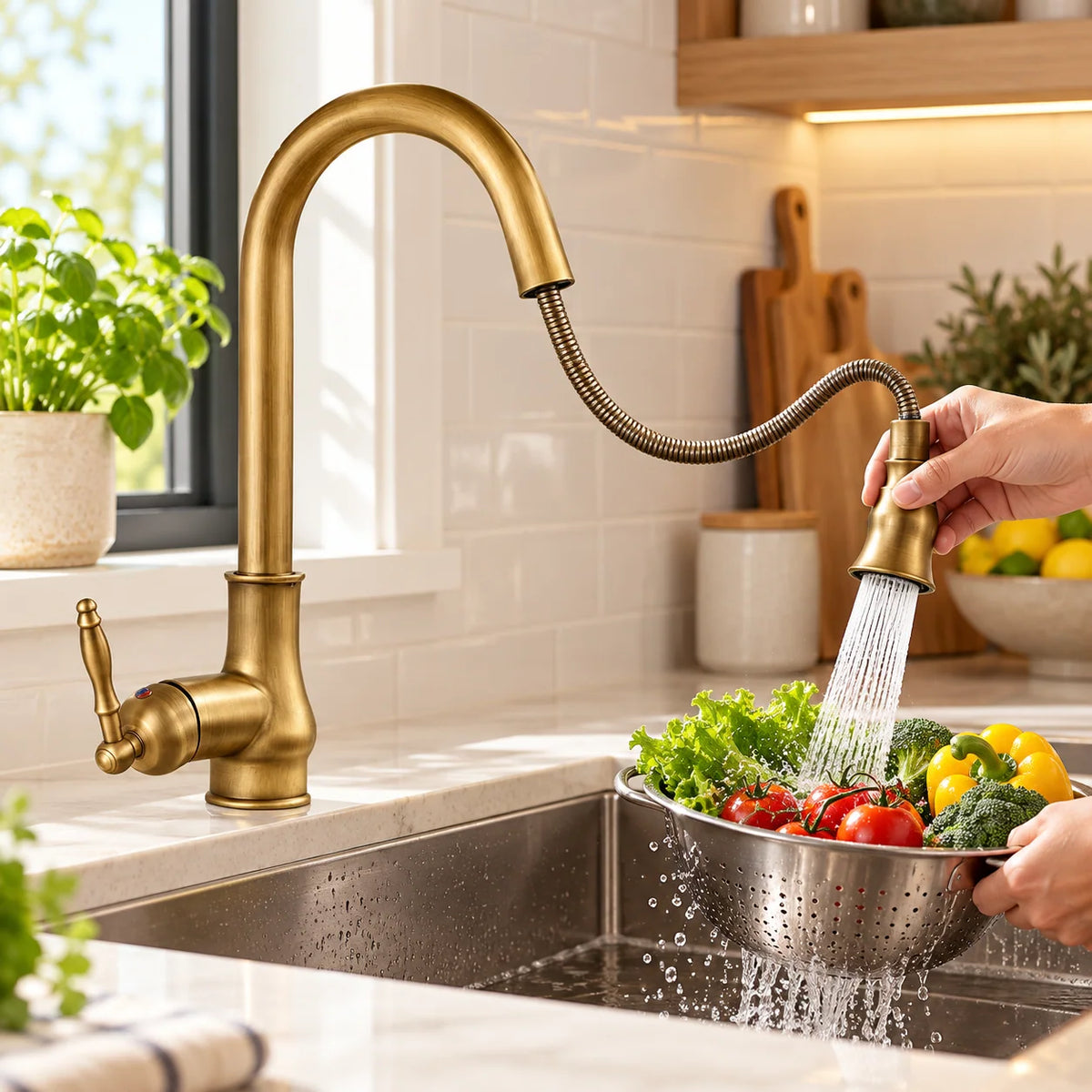 Kitchen Faucet Solid Brass Pull-Down Flexible Spray Head