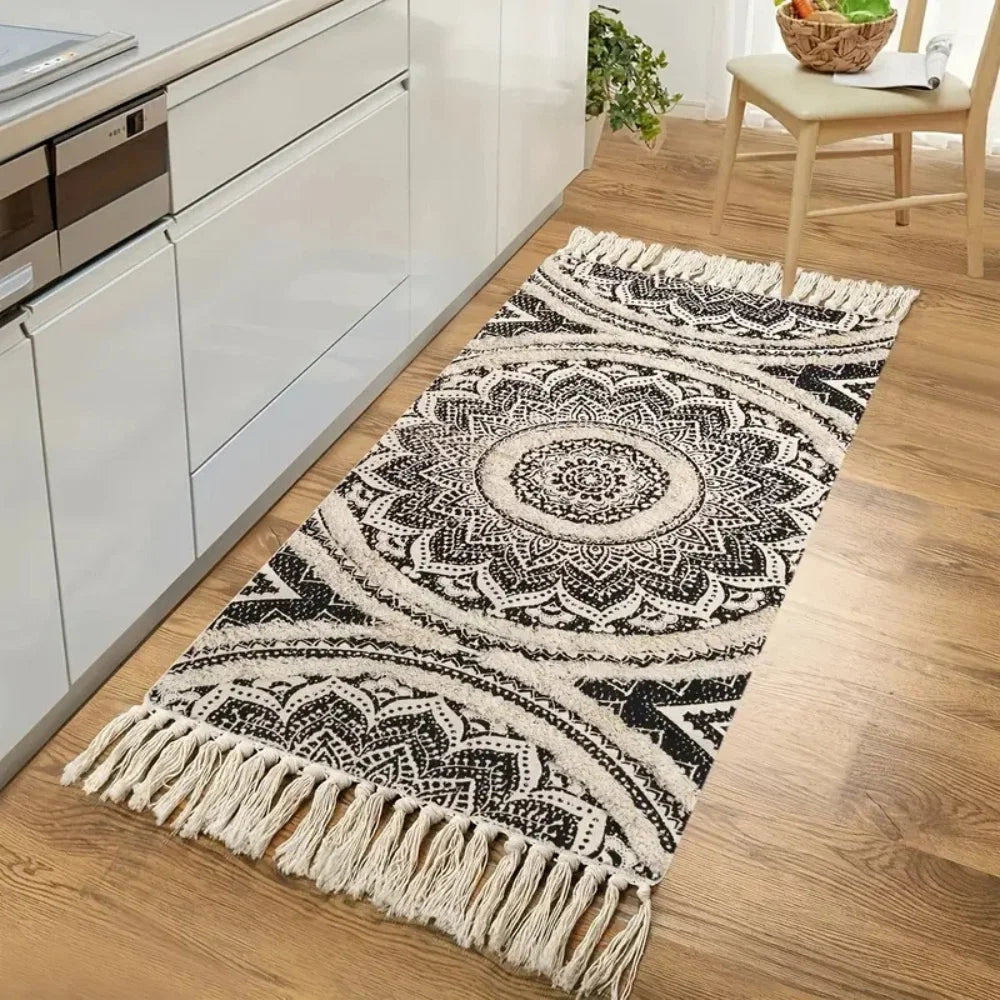 Kitchen Runner Mat Cotton Machine Washable Black & Cream