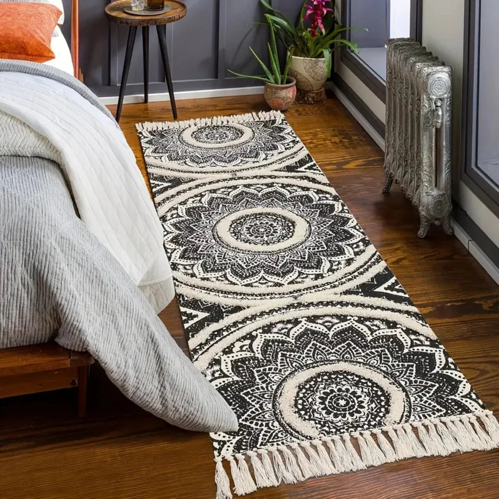 Kitchen Runner Mat Cotton Machine Washable Black & Cream