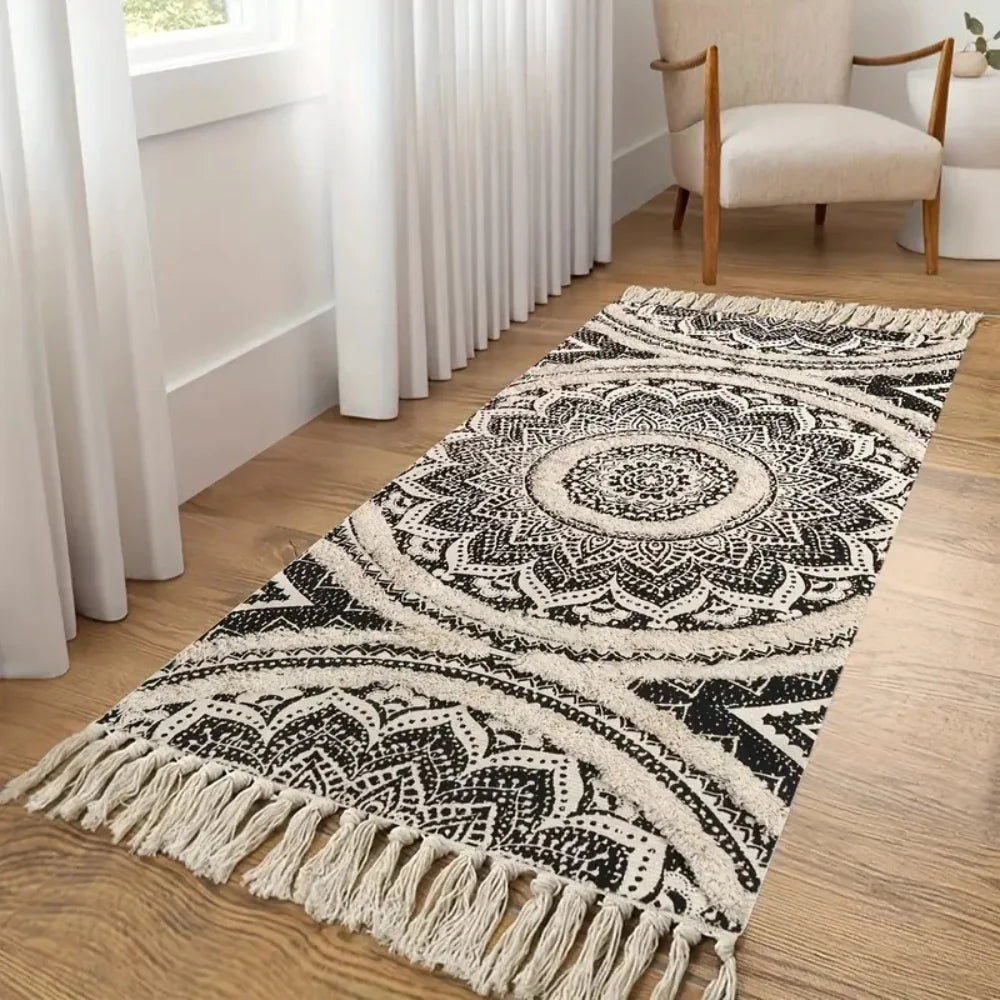 Kitchen Runner Mat Cotton Machine Washable Black & Cream
