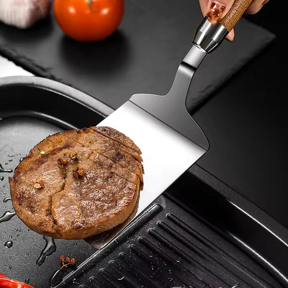 Kitchen Spatula Stainless Steel Head & Heat-Resistant Wooden Handle