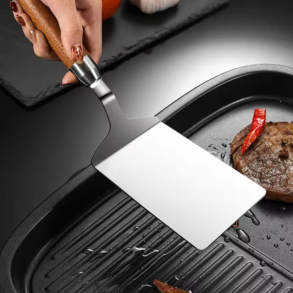 Kitchen Spatula Stainless Steel Head & Heat-Resistant Wooden Handle