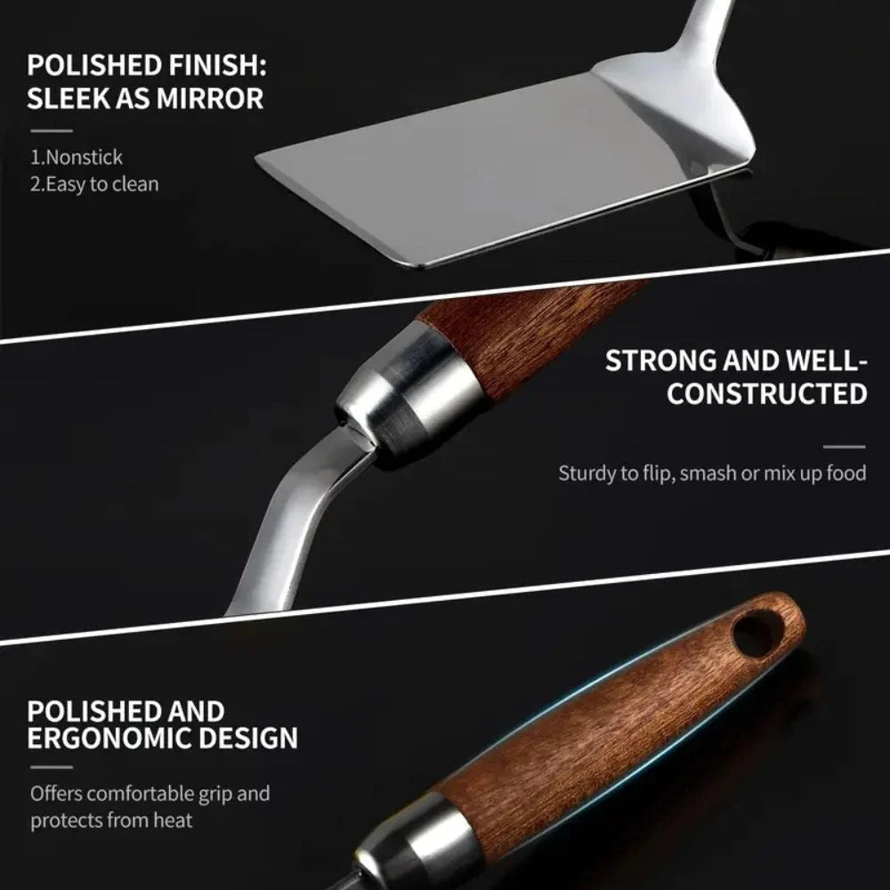 Kitchen Spatula Stainless Steel Head & Heat-Resistant Wooden Handle