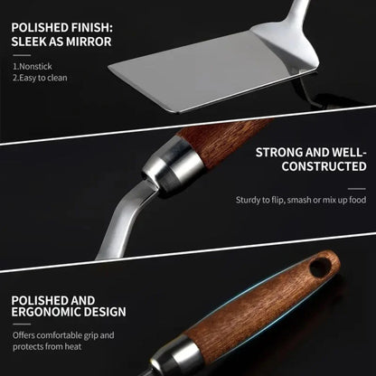 Kitchen Spatula Stainless Steel Head & Heat-Resistant Wooden Handle