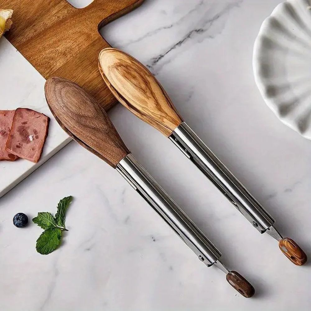 Kitchen Tongs Stainless Steel Wood Handle Set of 2