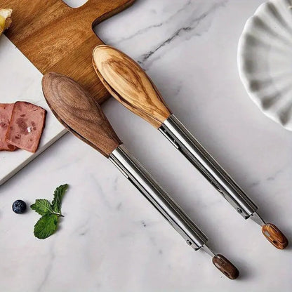 Kitchen Tongs Stainless Steel Wood Handle Set of 2