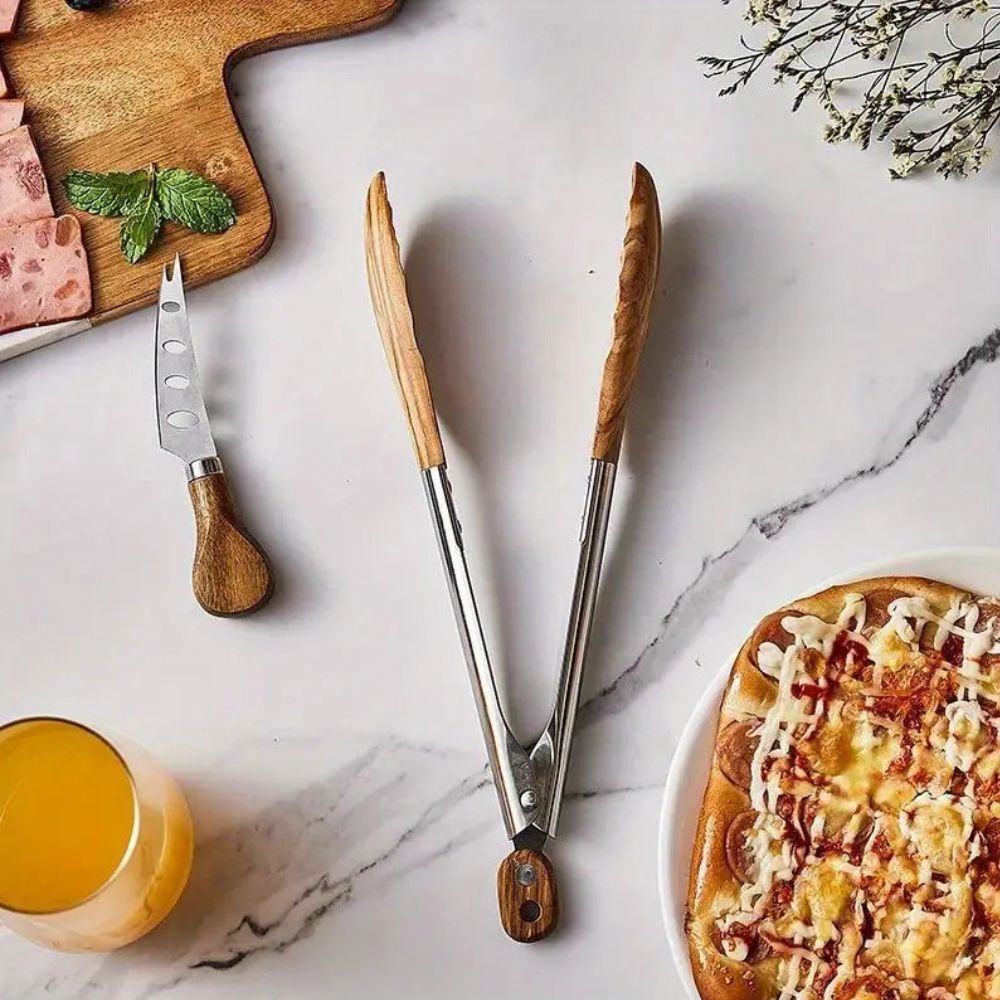 Kitchen Tongs Stainless Steel Wood Handle Set of 2