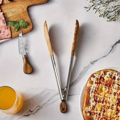 Kitchen Tongs Stainless Steel Wood Handle Set of 2