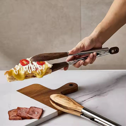 Kitchen Tongs Stainless Steel Wood Handle Set of 2