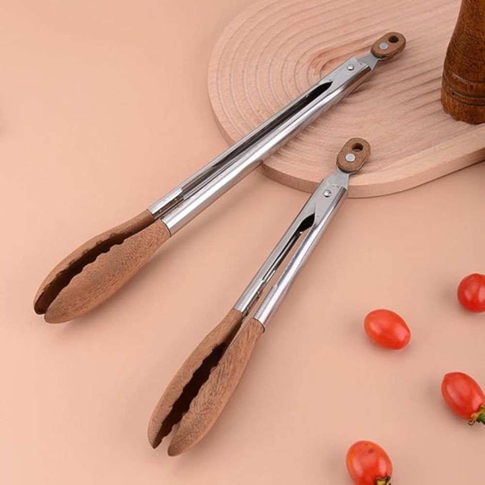 Kitchen Tongs Stainless Steel Wood Handle Set of 2