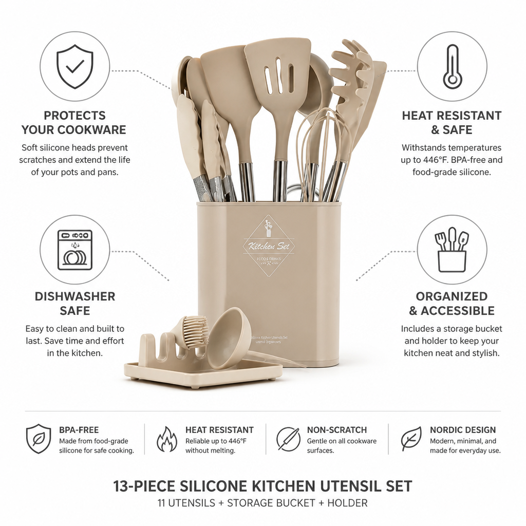 Kitchen Utensil Set 13-Piece Silicone Heat-Resistant Dishwasher-Safe
