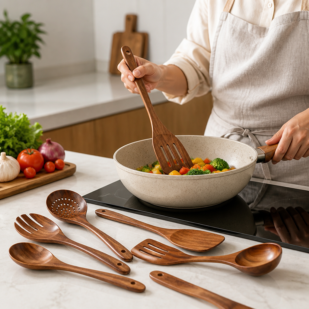 Kitchen Utensil Set Solid Teak 8-Piece Heat Resistant