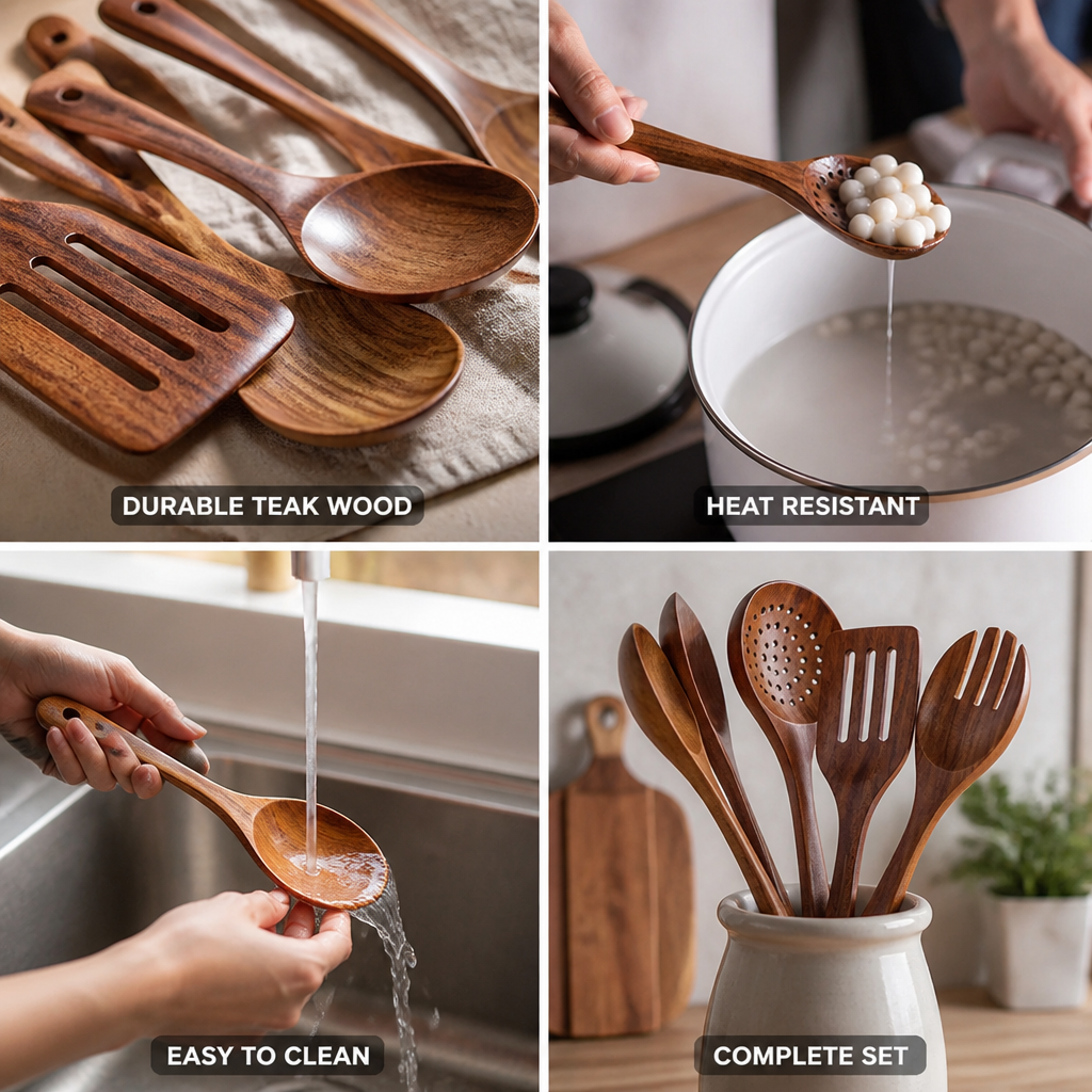 Kitchen Utensil Set Solid Teak 8-Piece Heat Resistant
