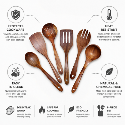 Kitchen Utensil Set Solid Teak 8-Piece Heat Resistant