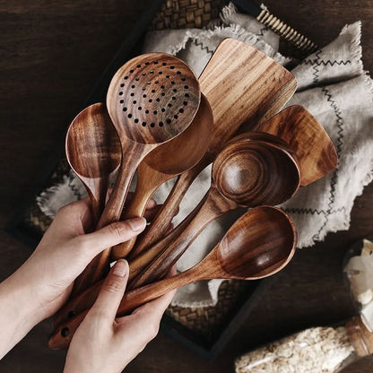 Kitchen Utensil Set Teak Wood Heat-Resistant & Scratch-Free