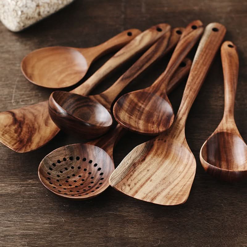 Kitchen Utensil Set Teak Wood Heat-Resistant & Scratch-Free