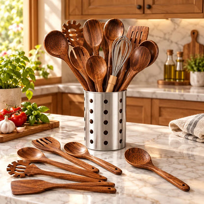Kitchen Utensil Set Teak Wood Heat-Resistant to 450°F