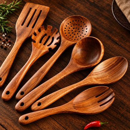Kitchen Utensil Set Teak Wood Heat-Resistant to 450°F