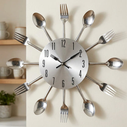 Kitchen Wall Clock Cutlery-Inspired Open Metal Silent Movement
