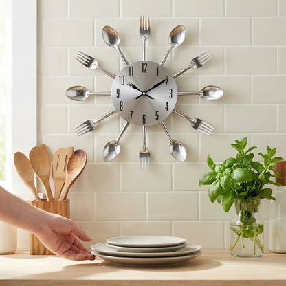 Kitchen Wall Clock Cutlery-Inspired Open Metal Silent Movement